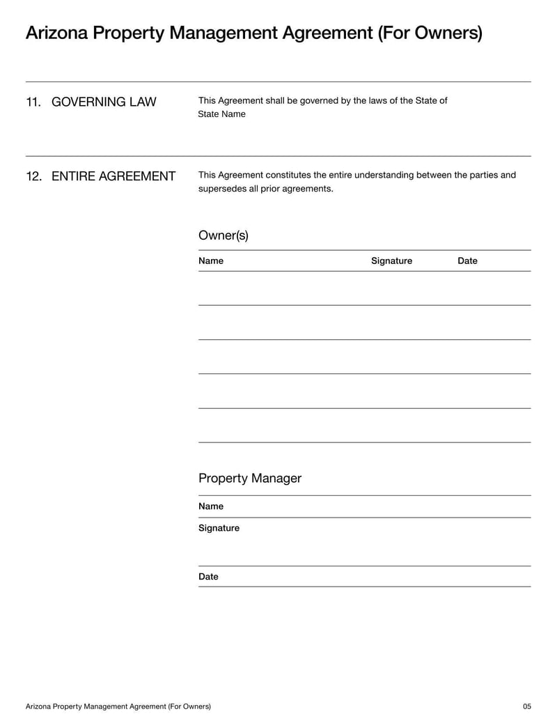 Property Management Agreement for Arizona property owners detailing terms for managing rental properties