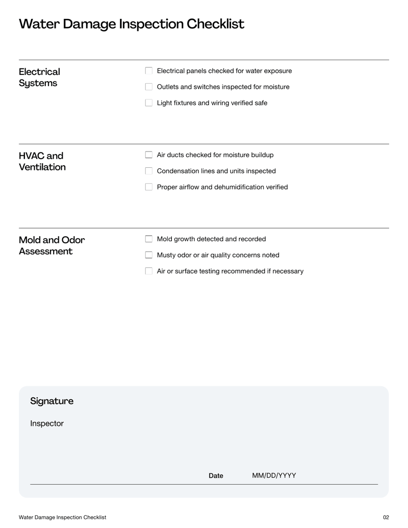 Water Damage Inspection Checklist with items for structural components, plumbing, electrical systems and mold assessment