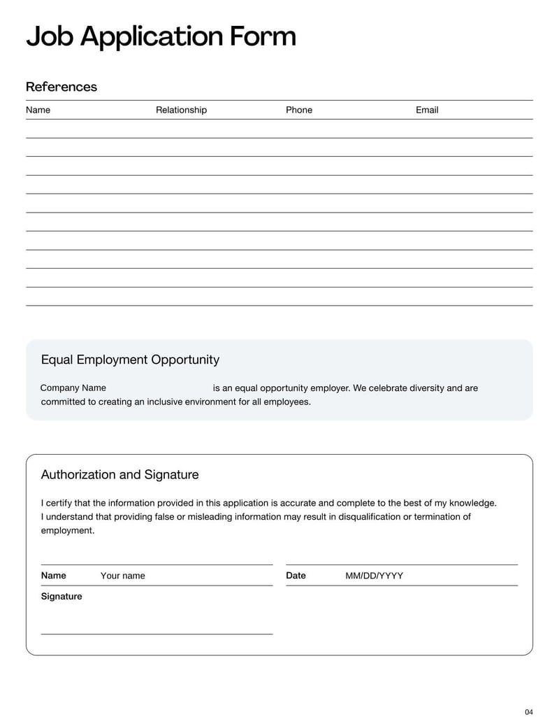 Standard Job Application Form for collecting candidate information during the hiring process