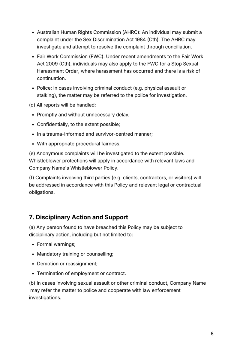 Workplace Sexual Harassment and Assault Policy for Australian organizations addressing compliance, reporting and zero-tolerance standards