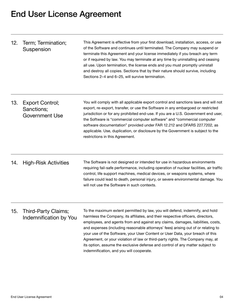 End User License Agreement setting software license terms, user rights and compliance obligations