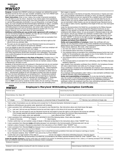 Maryland MW507 Employee&rsquo;s Maryland Withholding Exemption 