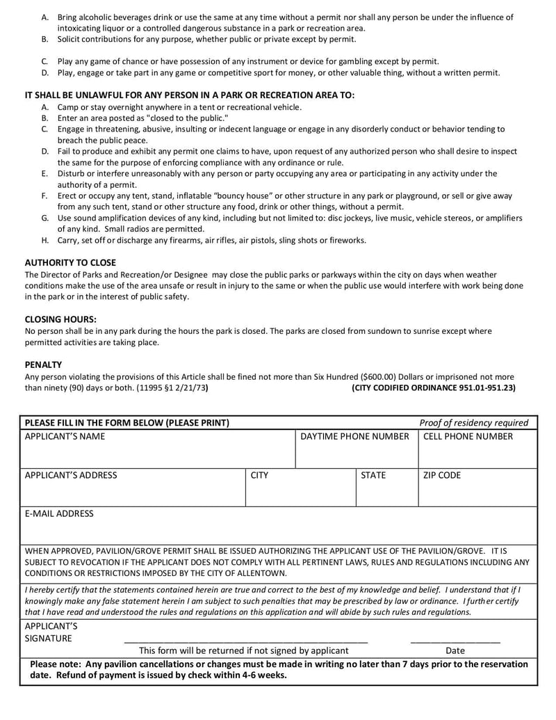 Large thumbnail of Pavilion & Picnic Grove Rental Application Form - Dec 2019