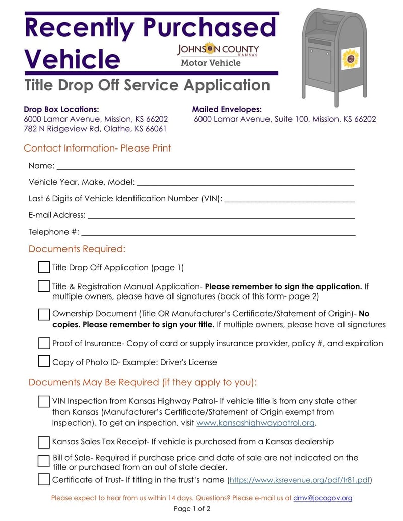 Large thumbnail of Johnson MV Title Drop Off Service Application for Recently Purchased Vehicle
