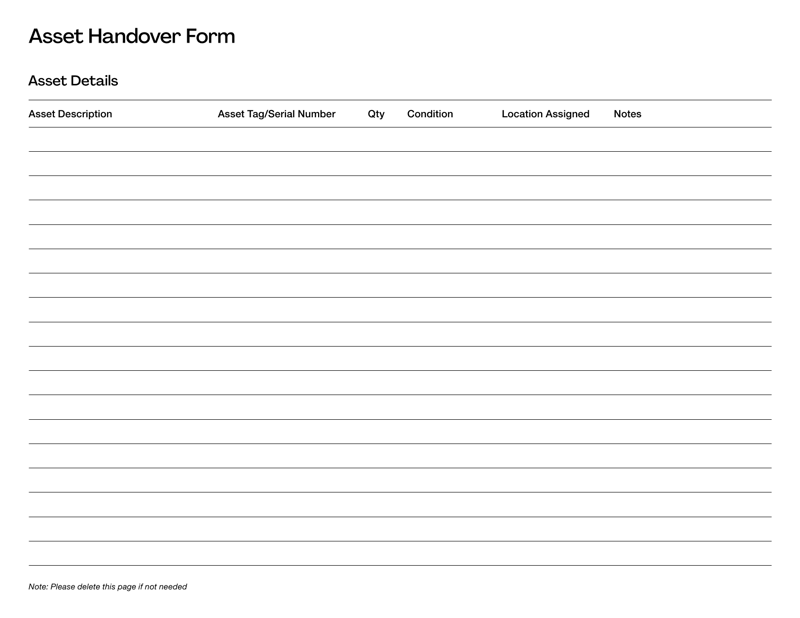 Asset Handover Form for tracking equipment and tool transfers between employees