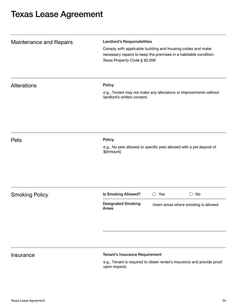 Texas Lease Agreement for rental terms in Texas