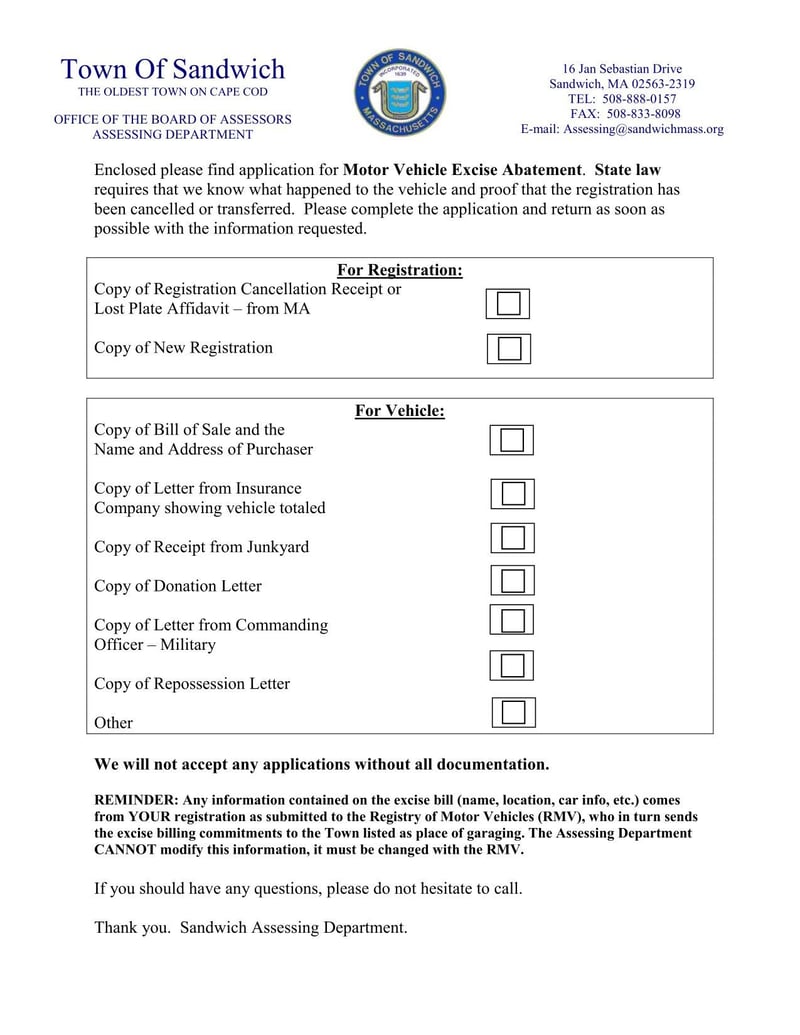 Large thumbnail of Town of Sandwich Form 126-MVE