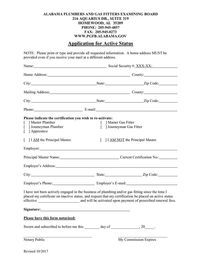 Large thumbnail of Application for Active Status Form by Alabama Plumbers & Gas Fitters Examining Board - Oct 2017