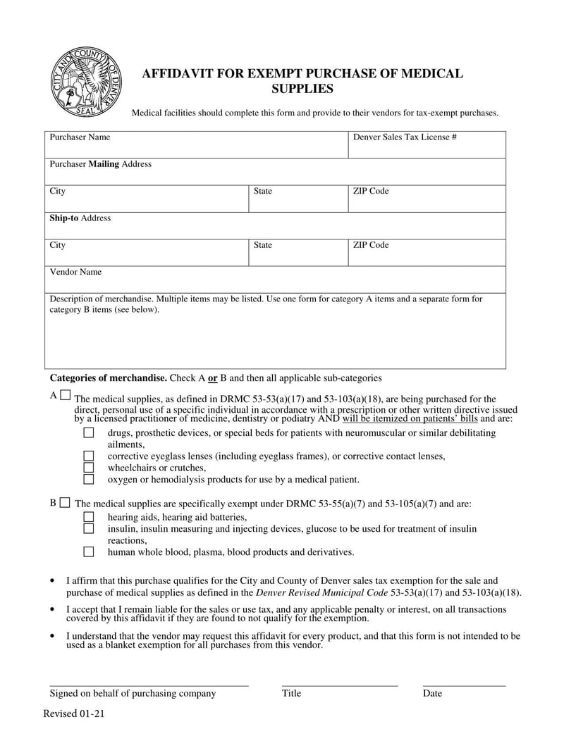 Denver Affidavit for Exempt Purchase of Medical Supplies (2021 