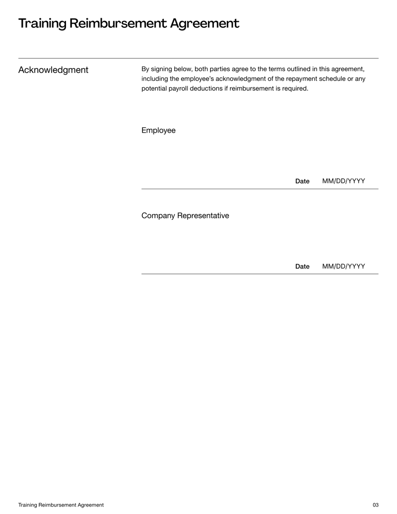 Training Reimbursement Agreement Template with repayment terms for employer-funded training