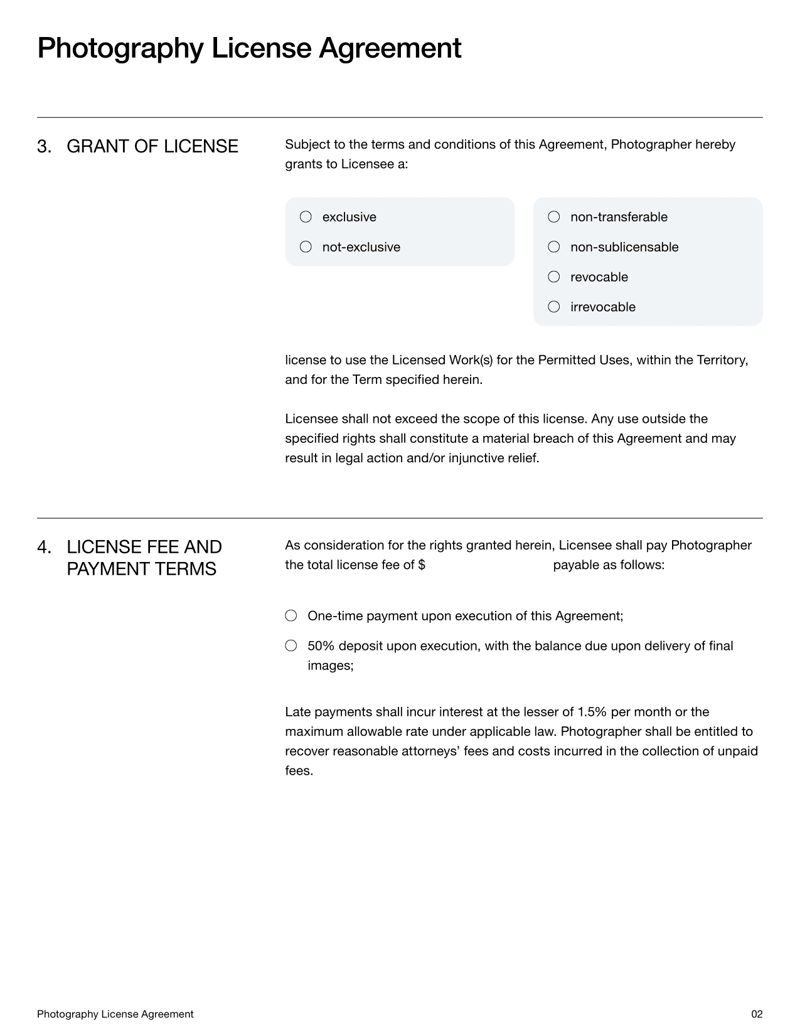 Photography License Agreement detailing usage rights, restrictions and copyright ownership between the photographer and the licensee
