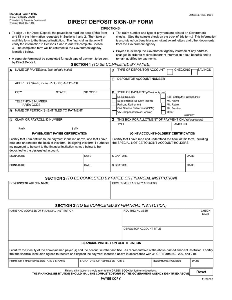 Thumbnail of Standard Form 1199A - Direct Deposit Sign-Up Form - Nov 2020 - page 2