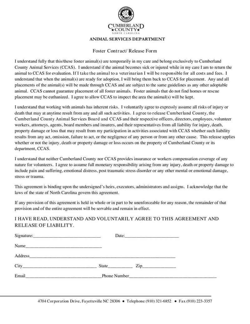 Large thumbnail of Foster Contract and Release Form - Apr 2021