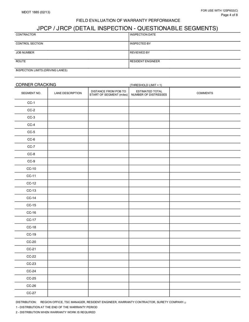 Large thumbnail of Form 1885 Field Evaluation of Warranty Performance JPCP/JRCP - Oct 2017
