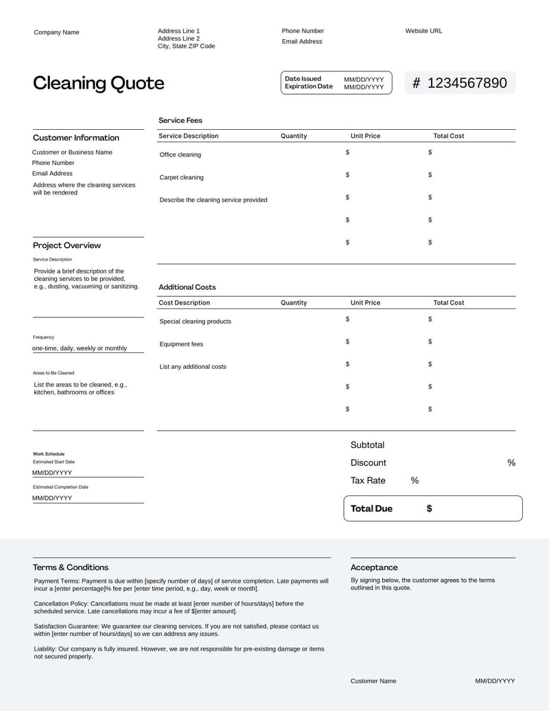 Cleaning Quote for providing a cost estimate for residential or commercial cleaning services