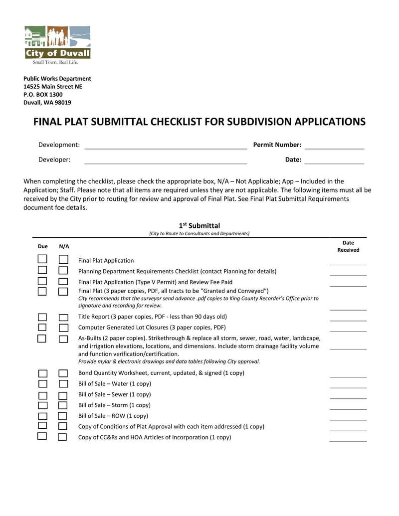 Large thumbnail of Duvall Final Plat Submittal Checklist for Subdivision Applications