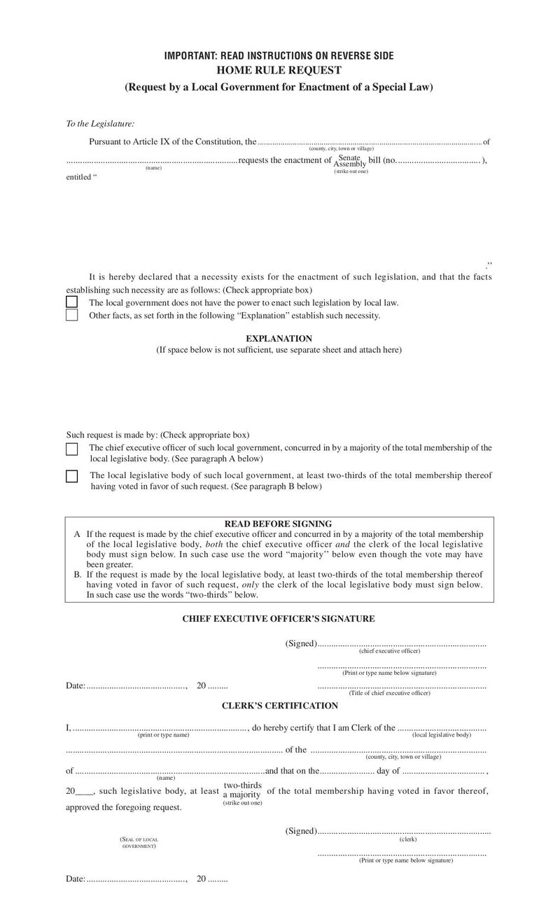 Large thumbnail of New York Home Rule Request Form - Apr 2014