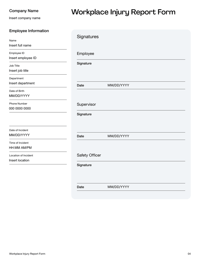 Workplace Injury Report Form with sections for employee details, incident description, witnesses, medical treatment and supervisor recommendations