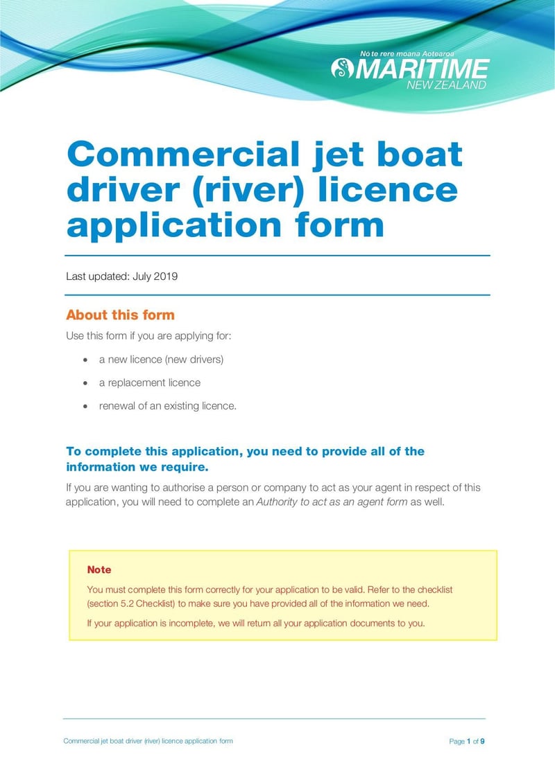 Thumbnail of Commercial Jet Boat Driver (River) Licence Application Form - Jul 2019 - page 0