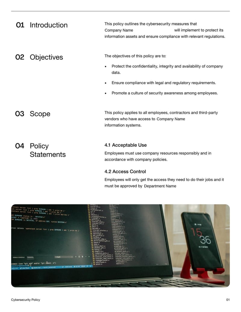 Cybersecurity Policy Document detailing data protection, password management, and IT security practices