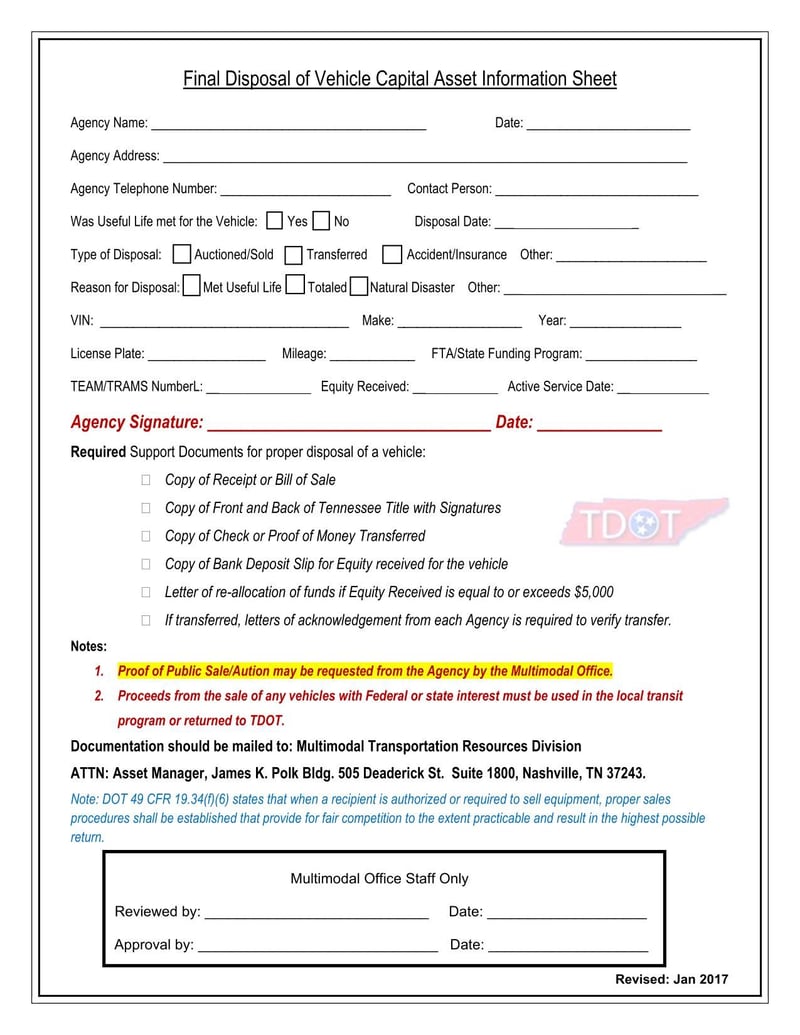 Large thumbnail of Tennessee Final Disposal of Vehicle Capital Asset Information Sheet (2017)