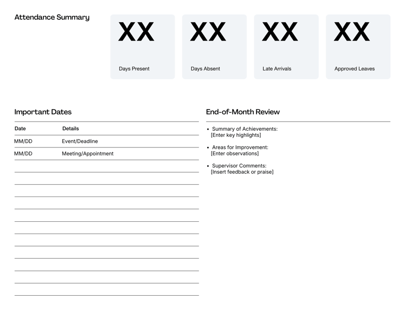 Monthly Planner Template for tracking employee tasks, schedules and performance
