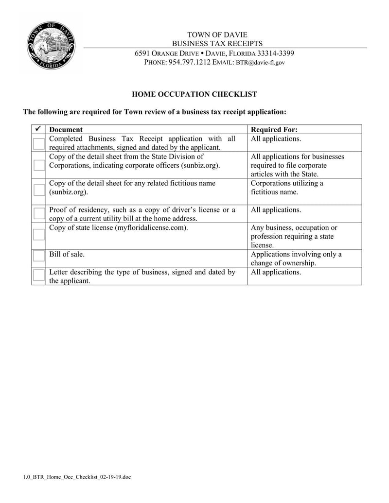 Davie Home Occupation Business Tax Receipt Application (2019) | Fill ...