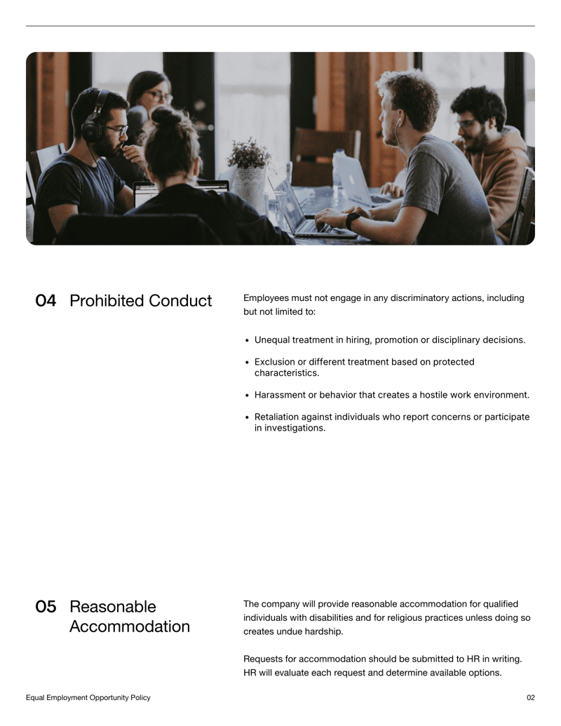 Equal Employment Opportunity Policy with sections for policy statements, prohibited conduct, reporting procedures and employee acknowledgment
