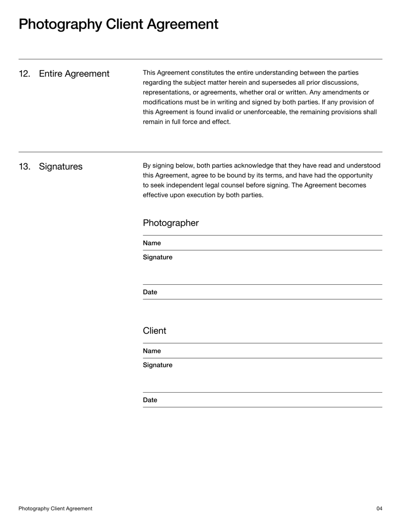Photography Client Agreement Contract detailing services, fees, cancellation terms, copyright ownership and client responsibilities