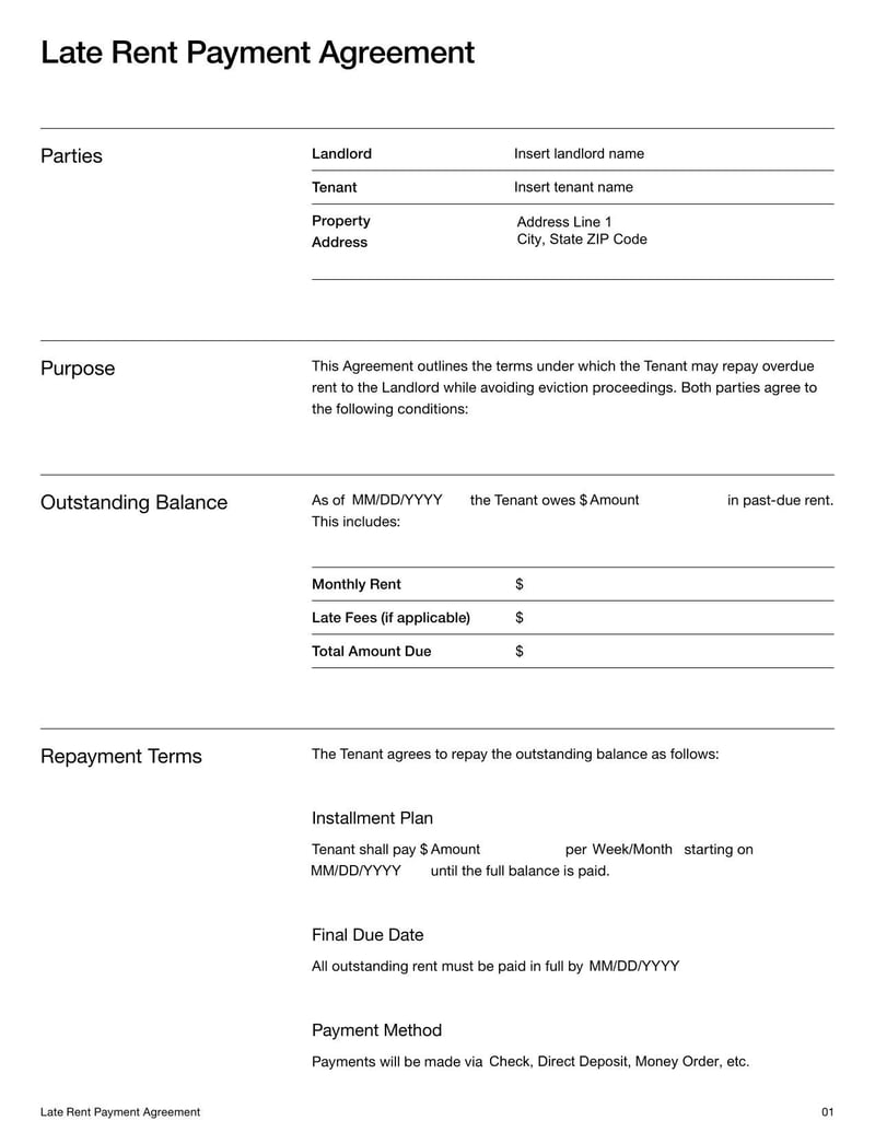 Late Rent Payment Agreement Form for arranging repayment terms and avoiding eviction