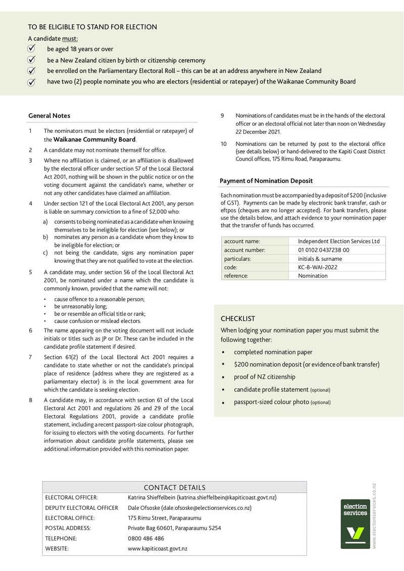 Large thumbnail of Waikanae Community Board By-Election Nomination Form - Jan 2022