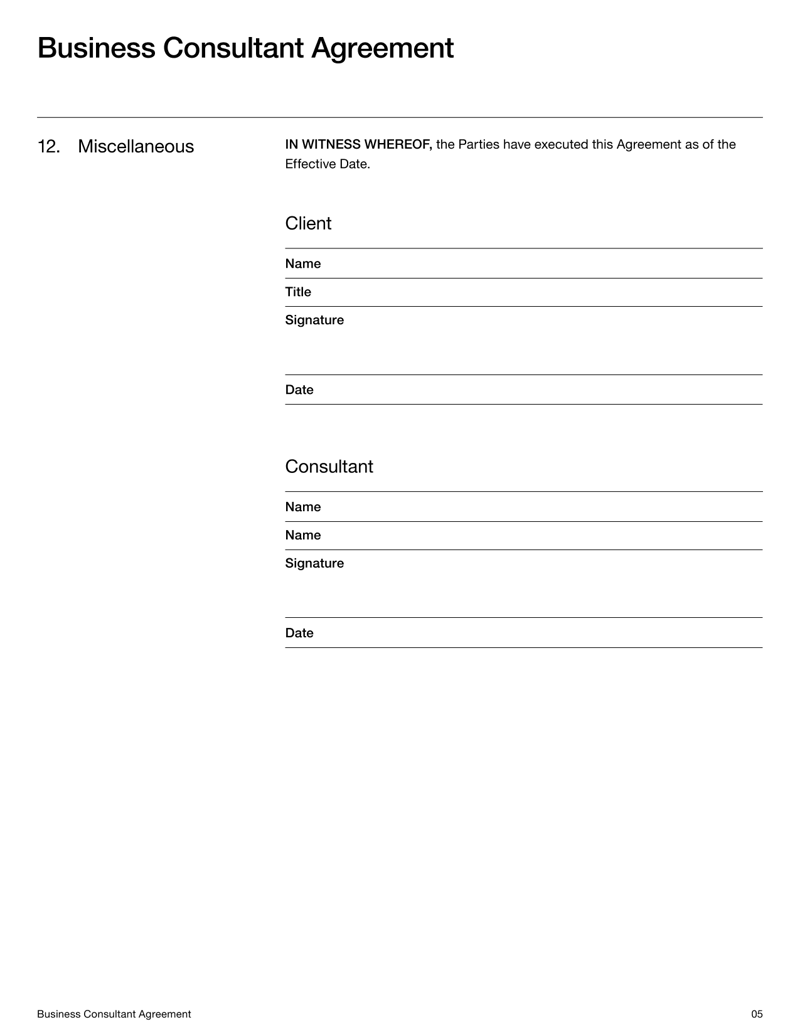 Business Consultant Agreement covering services, payment terms, confidentiality, intellectual property and termination