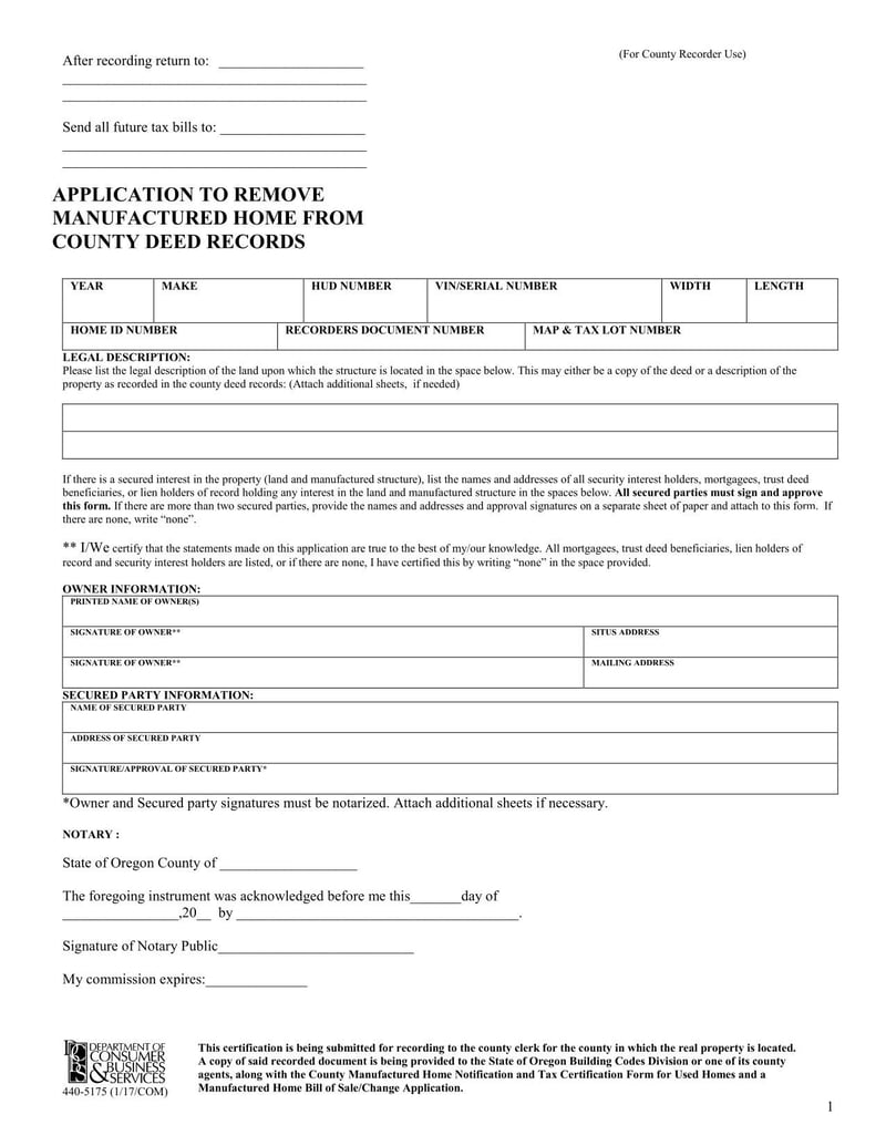 Large thumbnail of Oregon Application To Remove Manufactured Home From County Deed Records