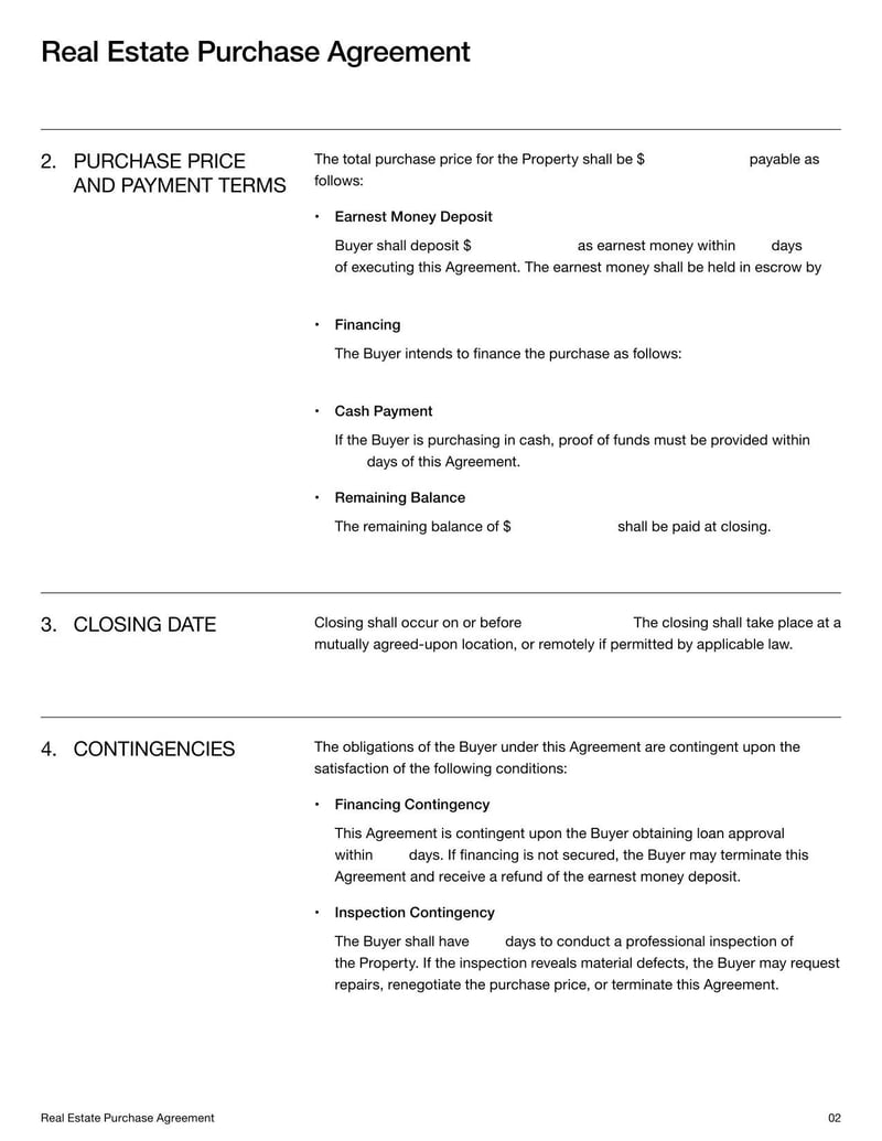 Real Estate Purchase Agreement outlining terms and conditions for the sale of real property