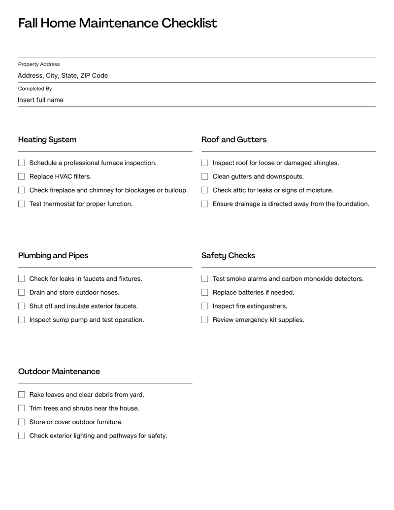 Fall Home Maintenance Checklist with sections for heating, roofing, plumbing, safety and outdoor upkeep