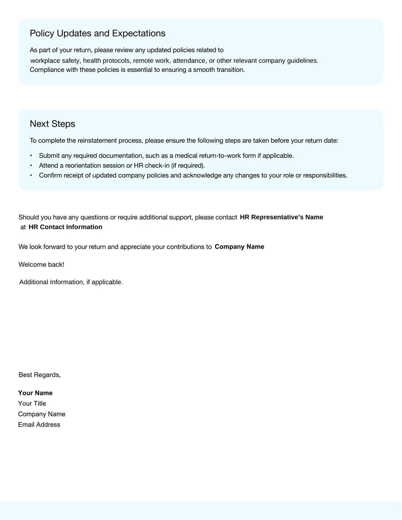 Return to Work Letter Template for notifying an employee about resuming duties after leave