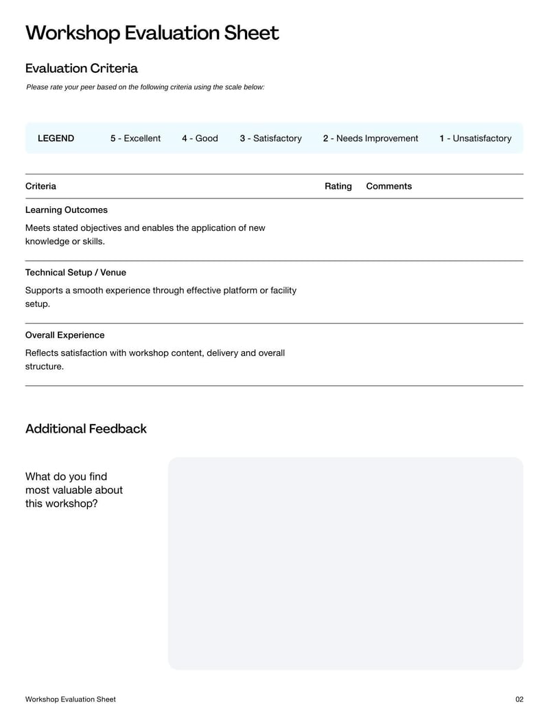 Workshop Evaluation Sheet for collecting participant feedback after a training or seminar
