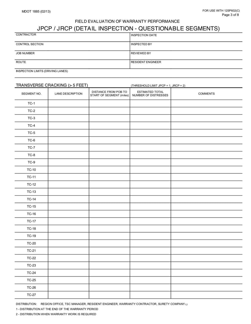Large thumbnail of Form 1885 Field Evaluation of Warranty Performance JPCP/JRCP - Oct 2017