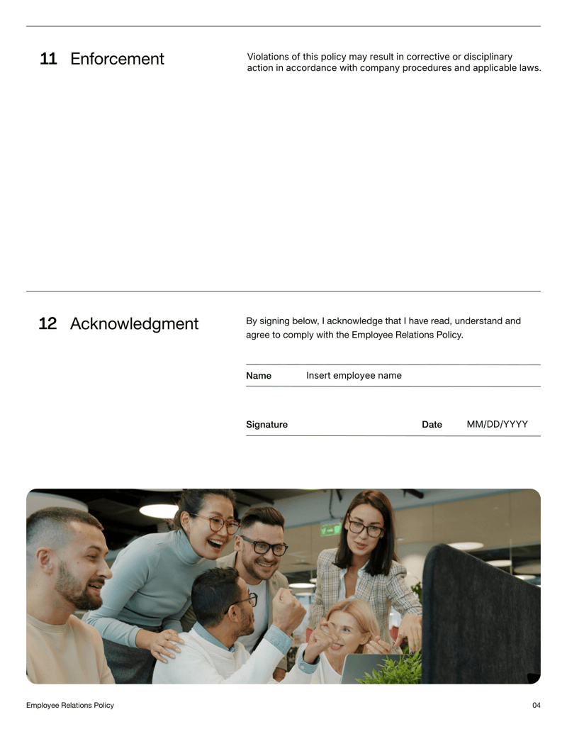 Employee Relations Policy document defining communication, grievance handling and respectful workplace standards