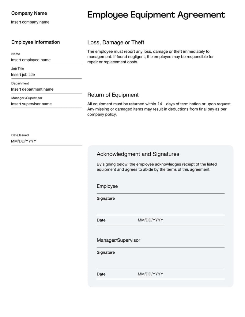 Employee Equipment Agreement outlining terms for the use and responsibility of company-issued equipment