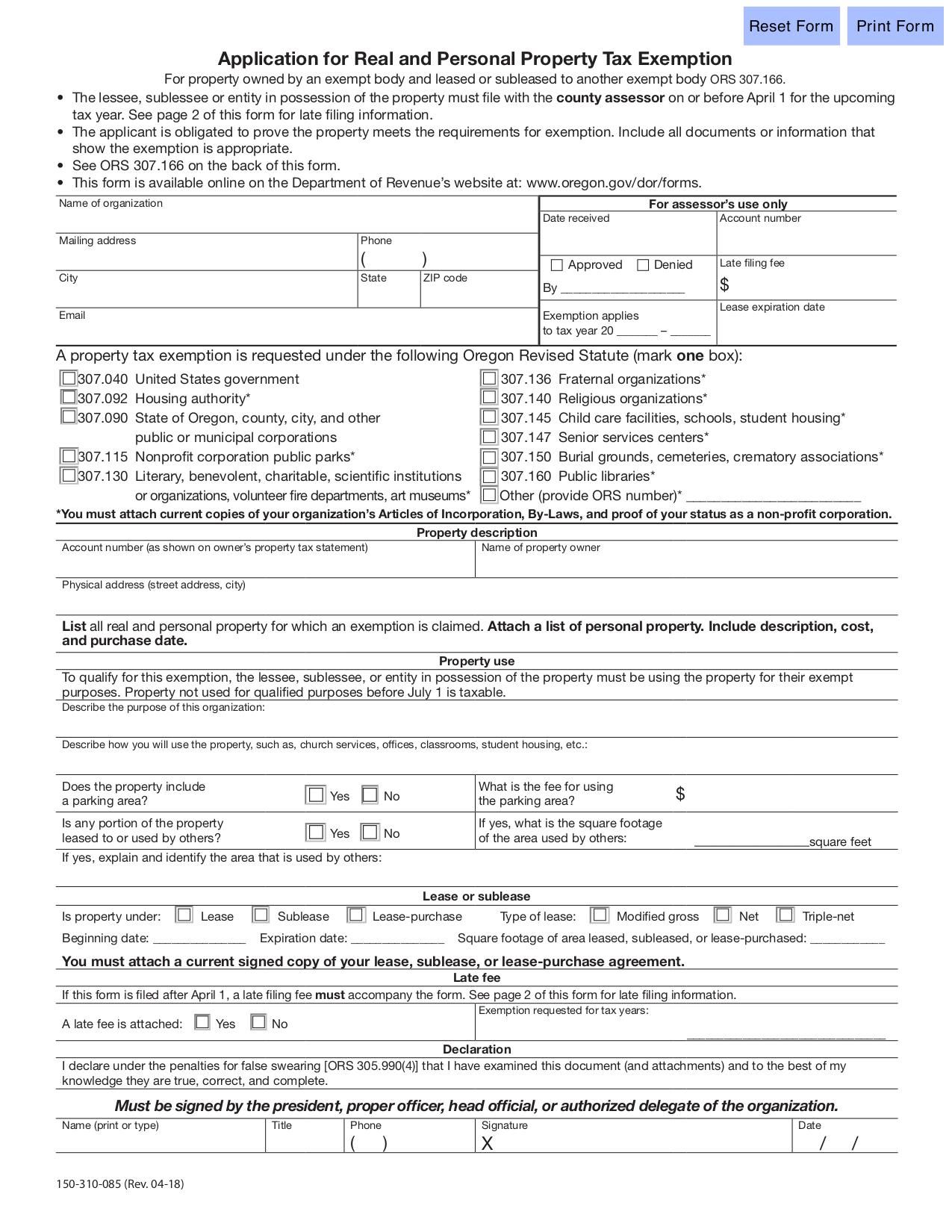 Application for Real and Personal Property Tax Exemption (Form OR 