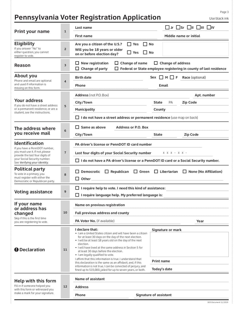 Large thumbnail of Pennsylvania Voter Registration Application Form - Dec 2019