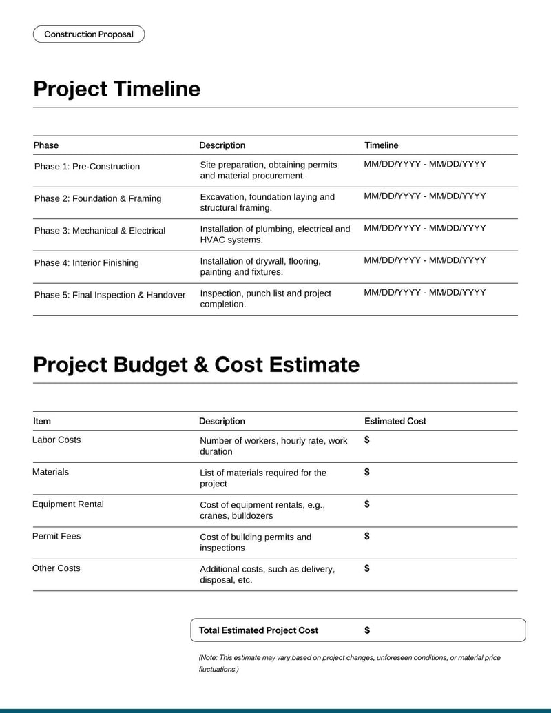 Construction Proposal Template for outlining project scope and cost in construction