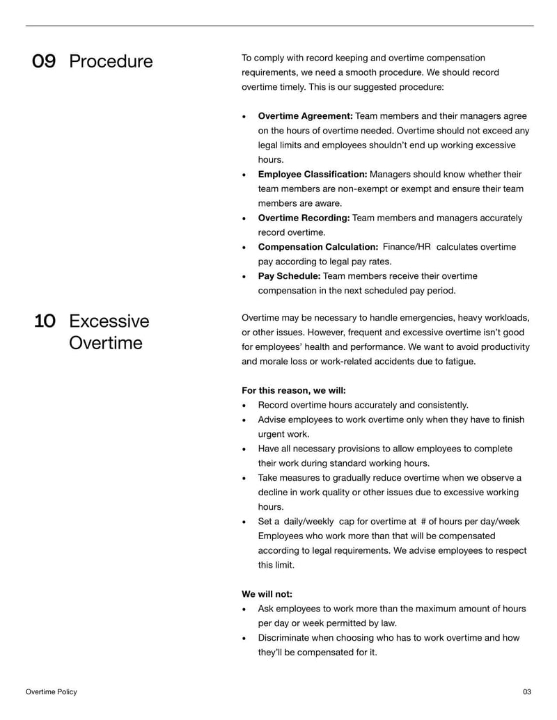 Overtime Policy document outlining rules and compensation for employee overtime