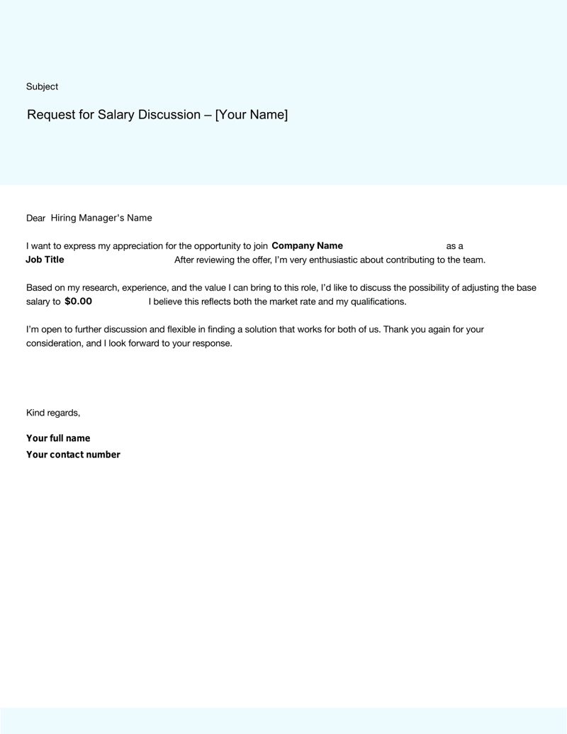 Salary Negotiation Email Template with sections for subject line, greeting, salary request, justification and closing remarks