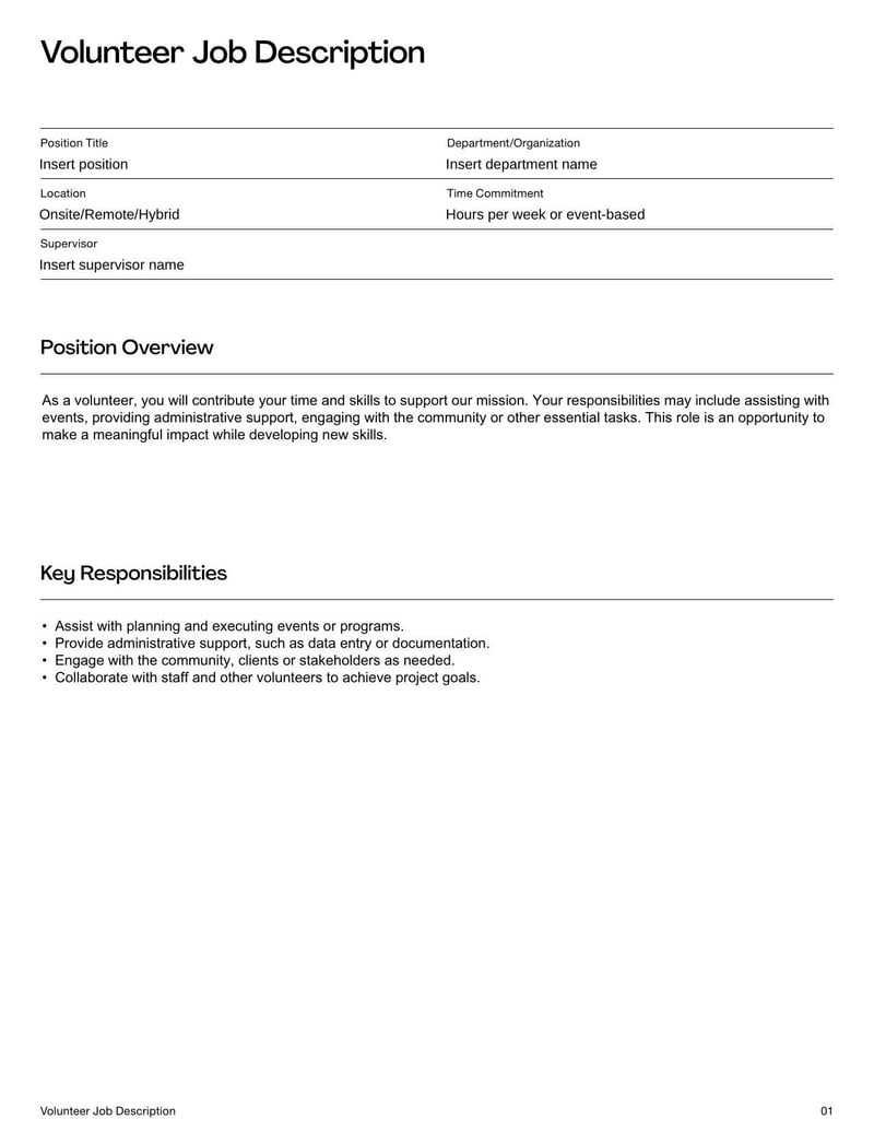 Volunteer Job Description Template for defining roles, responsibilities, and qualifications for volunteer positions