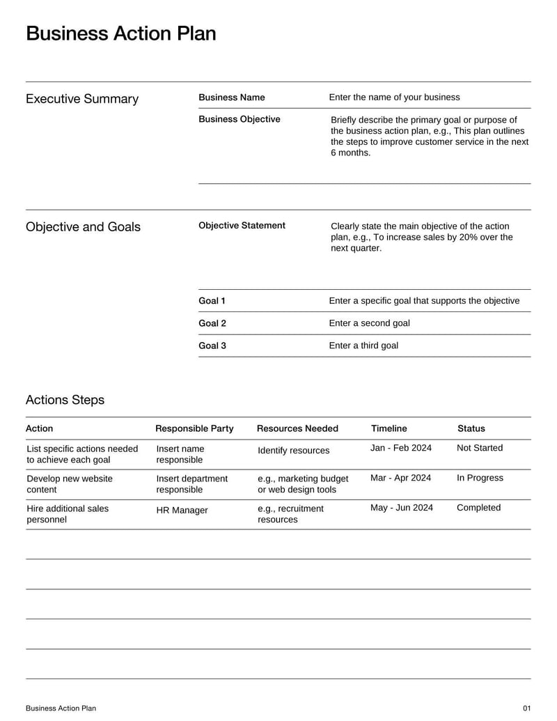 Business Action Plan Template for outlining steps to achieve business objectives