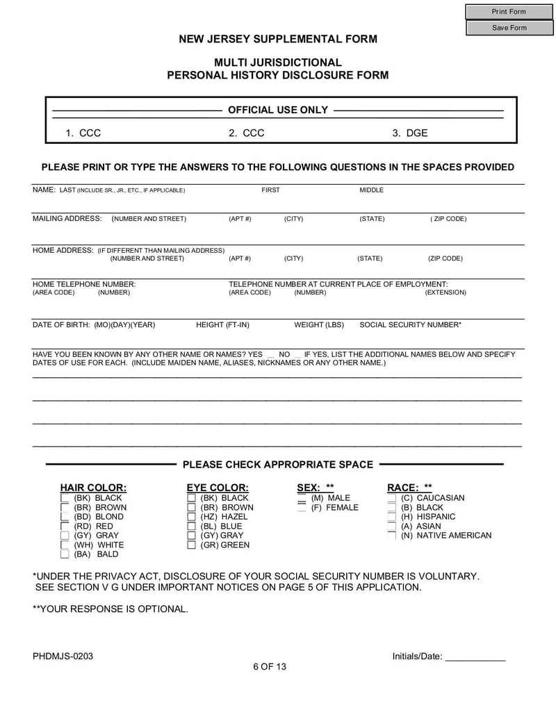 Thumbnail of New Jersey Supplemental Form and Multi Jurisdictional Personal History Disclosure Form - Jan 2013 - page 5