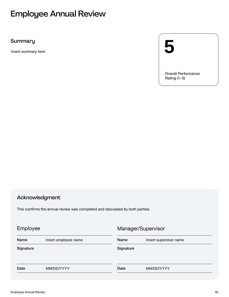Employee Annual Review Template for documenting performance evaluations and setting future goals