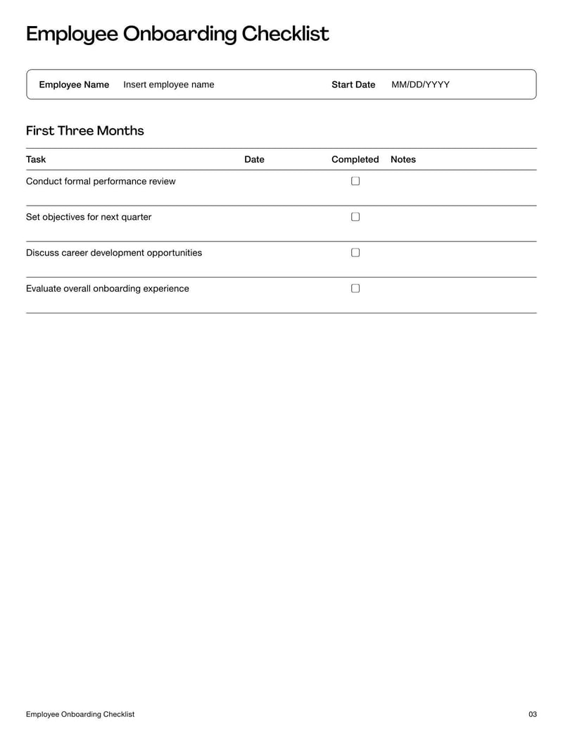 Employee Onboarding Checklist detailing steps to integrate new hires, including orientation and training